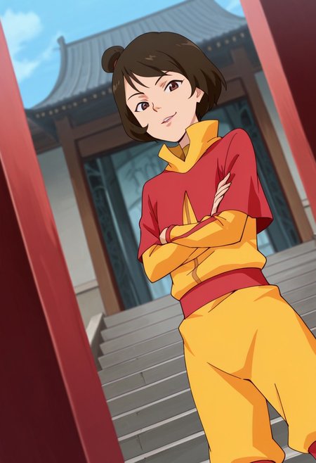 j1n0r2il, 1girl,playful smile, defined lips, air_robes, yellow onesie, red capelet, red belt, yellow pants, red boots, 
1 girl, , cowboy shot, smirk, arms crossed, outside, temple  dutch angle, posing 
solo, alone
looking at viewer
nyuu_style