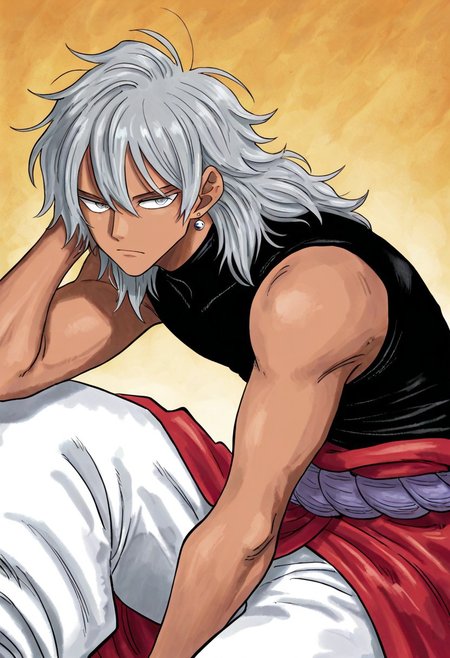 lazympos, 1boy, solo, male focus, tan skin, messy hair, hair down, hair between eyes, medium hair, hair strands, earrings, drop earrings, silver earrings, sleeveless shirt, black shirt, turtleneck, red garb, garb on shoulder, baggy pants, white pants, rope belt, light grey hair, grey eyes