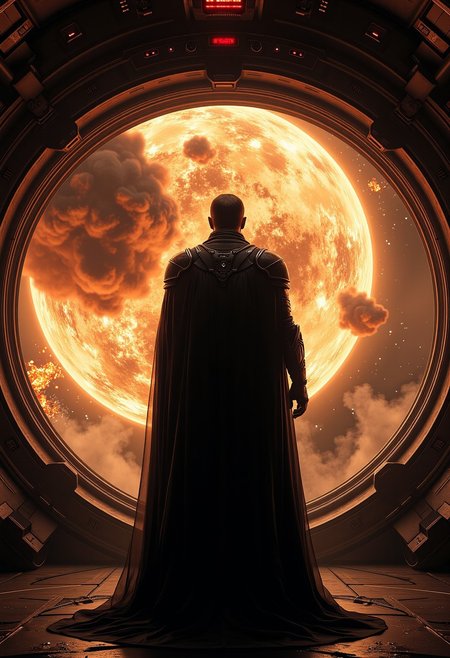 bo-abyss, aidmaMJ6.1, sci-fi inspired photo of the most evil man in the universe standing in front of a large window in a star destroyer space ship viewing his handywork as a planet explodes. the man is wearing a lightly armored uniform, his silhouette is lined with a light black smoke-like aura, and  the lighting in the ship is dim and eerie, conveying a feeling of evil and malevolence.