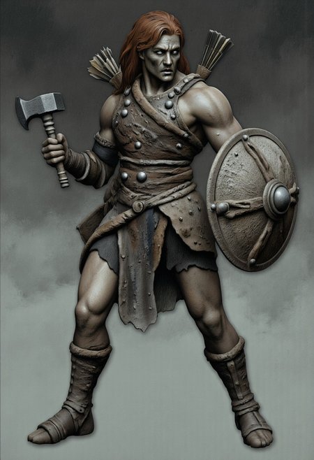 aidmaMJ6.1, Made out of paper, a PaperStyle , d4artstyle, d4concept, , d00mstyle, made of clay, ZBClay model of a gray sculpture
A rugged warrior with a powerful stance, dressed in studded leather armor that covers the torso, arms, and legs. The armor is reinforced with metal rivets, providing a blend of flexibility and protection. The warrior has long, flowing red hair that adds a wild and untamed look to their appearance. In one hand, they wield a sturdy war hammer, while the other holds a large, weathered shield with signs of battle wear. A bow and quiver of arrows are slung over their back, indicating versatility in combat. The expression is determined, with piercing eyes that convey a readiness for battle. The overall design emphasizes a mix of strength, resilience, and practicality, showcasing the character's role as a seasoned fighter.
Background solid color with a faded dimly lit, fog-covered darkness tone that emphasizes its silhouette. 
 The medium is not a traditional painting or illustrative medium like watercolor or ink but rather a digital rendering, eerie and unsettling.
