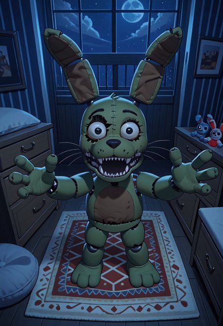 score_9, score_8_up, score_7_up, solo male, from above, high-angle view, pov, PlushtrapFNAF, rabbit ears, scut tail, teeth, sharp teeth, wear and tear, green skin, petite, barefoot, 4 fingers, perfect hands, (large head:1.1), shortstack, small body, sharp teeth, fuzzy, plush body, seam \(sewing\), stitch \(sewing\), animatronic, glowing eyes, crooked whiskers, ragged, withered, 
masterpiece, detailed face, looking at viewer, smile, open mouth, nervous, knock-kneed, cocked head, zPDXL3, dark house, inside, nighttime, night, raised arms, hands up, reaching towards viewer, bedroom, carpet, chair, standing, living plushie, detailed background, dutch angle, spooky, perspective