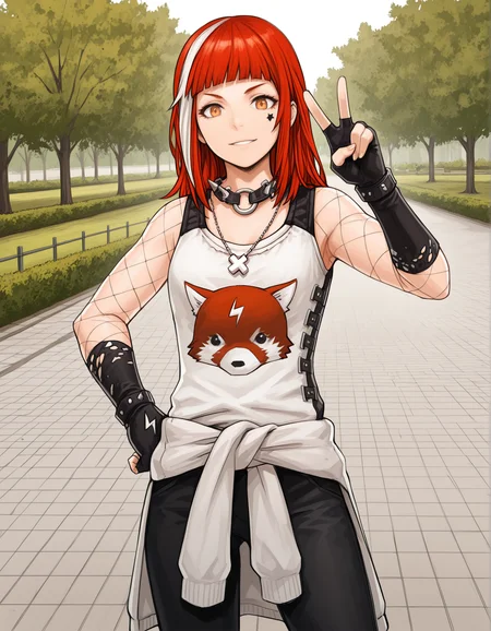masterpiece,best quality, absurdres, highres,   <lora:Irene Illu 1:1> ireneillu, tank top, black gloves, spiked collar, fishnets, sweater around waist, cross necklace, black pants, standing, park, hand on own hip, V, solo, looking at viewer,