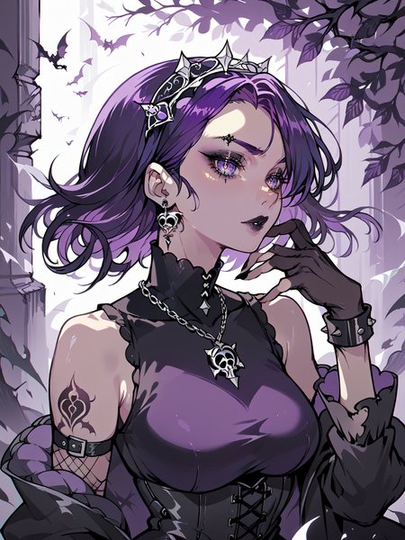 score_9, score_8_up, score_7_up, score_6_up, score_5_up,   <lora:paperlarvaXLP:1> paperlarva, 1girl, purple hair, gothic,