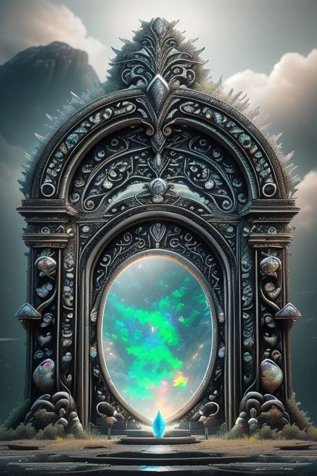 Hyperrealistic art, lush green wooded mountain pass landscape, a fantasy glowing Vivid multi-colored Runes covered ((silver)/(black ral-opal)) Circular gate (portal:1.3), a detailed matte painting by Mike Winkelmann, cgsociety, fantasy art, blue sky, Extremely high-resolution details, photographic, realism pushed to extreme, fine texture, incredibly lifelike