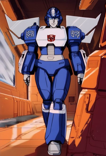 score_9, score_8_up, score_7_up, animation, transformers, 1girl, robot, Decepticon, Tall, slim, Seeker, Starscream glowing eyes, blue eyes, large eyes, circular eyes, white armour (minor blue detail), forward long jet swept wings, transforms into futuristic Stealth Mig Fighter Jet, full body, cowboy shot, smiling, holding null ray blasters, Decepticon Symbol, long skirt armour (minor blue glass detail), head crown,
 <lora:StarScream1.2:1>