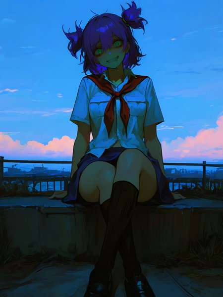 masterpiece, best quality, absurdres, highres, very awa, 
<lora:un-30:1> unlblch, 1girl, solo, purple hair, two sides up, short hair, green eyes,  
white shirt, socks,  blue skirt, sky, outdoors, looking at viewer, crossed ankles, cloud, short sleeves, full body, kneehighs, blue sky, shoes, breast pocket, twintails, closed mouth, crossed legs, black footwear, short twintails, red neckerchief, looking at viewer, 
 horror \(theme\), solo, female,  stare, wide eyed, grin, insane, insane eyes, messy hair, drooling, eyeliner, eyelashes, open clothing,  <lora:748cmSDXL:1> 748cmstyle