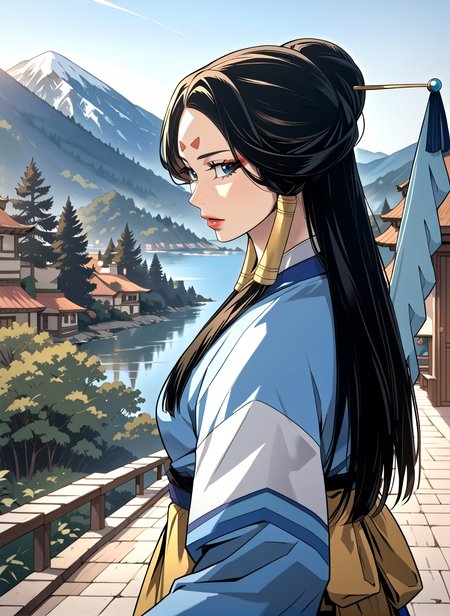 <lora:The_Great_Shaman:1>
1 girl, solo, black hair, long hair, blue eyes, lipstick, facial mark, forehead mark, <lora:!action-sdxl-V0.5:1>
kimono, japonese clothes, hair tubes, hair ornament, hair stick
score_9, score_8_up, score_7_up, source anime, BREAK,  cowboy shot, (from side), looking back, looking at viewer, overlooking mountain, high altitude, scenery, exterior, background, (solo), perfect hands <lora:light:1>