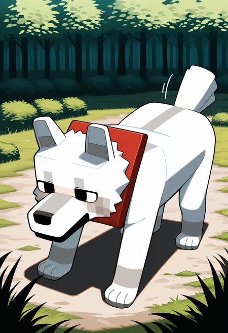 masterpiece,best quality,amazing quality, 1boy, solo, w0lfMC, wolf, white fur, black eyes, red collar, tail, playing, outdoors, blocky,