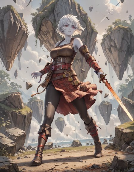 score_9, score_8_up, score_7_up, masterpiece, bosshi, 
1girl, standing, large breasts, 
nahiri, short hair, white hair, colored skin, nahiri, belt, boots, detached sleeves, plaid skirt, red skirt, armor, miniskirt, leather leggings,  
holding sword, older woman, 
 rocks, flying rocks, cracks, 
 <lora:NAHIRI:0.8> <lora:Futabu_bosshi_illustration_style:0.8>
