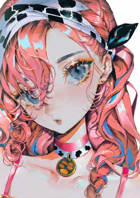 by yogisya, 
 blue poison \(arknights\), blue poison \(shoal beat\) \(arknights\), 1girl, solo, blue eyes, pink hair, choker, portrait, white background, pink choker, hairband, earrings, jewelry, looking at viewer, simple background, long hair, official alternate costume, hair over one eye, braid, bangs, o-ring choker
  best quality, masterpiece,