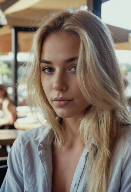 sdxl_bregjebloem,photography of a woman wearing a loose cotton shirt, soft expression, flushed cheeks, long  hair, natural figure, smooth skin, cozy café setting, (frontal shot:1.3), analog film stock look, daylight, relaxed and candid pose