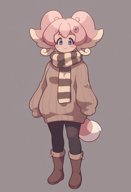 score_9, score_8_up, score_7_up, score_6_up, score_5_up, score_4_up, standing, looking at viewer, dynamic pose, simple background, 1girl, N3kolac3y, pink hair, two-tone hair, blue eyes, twintails,  striped scarf, ribbed sweater, black pantyhose, brown boots, sleeves past fingers, sweater dress, solo, smile, short tail