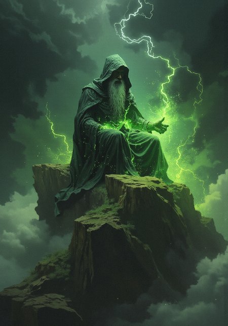 Dark fantasy illustration of an ancient wizard sitting, floating, on top of a mountain, misty fog, green fire and sparks  <lora:Aura_Flux:1> <lora:darkfantasy_illustration_v2:1.2>