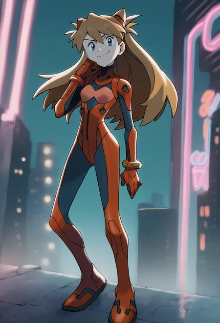 sugimori ken,
score_9, score_8_up, score_7_up, BREAK,
1girl, asuka langley, red plugsuit, standing, smug, looking at viewer, futuristic background, neon light , buildings, night,   <lora:KenSugimoriPDXLLocon_byKonan:1>