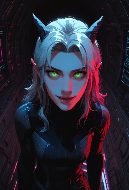 ((score_9_up, score_8_up, score_7_up:1.3)), rating_safe, face closeup, 1girl, rayla, long hair, white hair, horns, pointy ears, green eyes, (very attractive face), wide hips, image from above, (expressive eyes), (cobalt blue, white and magenta plugsuit:1.1), futuristic style, inside spaceship cabin, circular window, seated on window seat (futuristic computer monitors, gauges, lights:1.1), detailed background, amazing background, neon, glow, glowing, (bioluminescence:1.1), high contrast, dynamic angle, dynamic pose, laughing expression, very aesthetic, diffused lighting, every detail illuminated, ultra-detailed, masterpiece artwork, flawless anatomy, easynegative, eye catching,  Expressiveh, g0thicPXL, glowing, neon, TDPStyle,