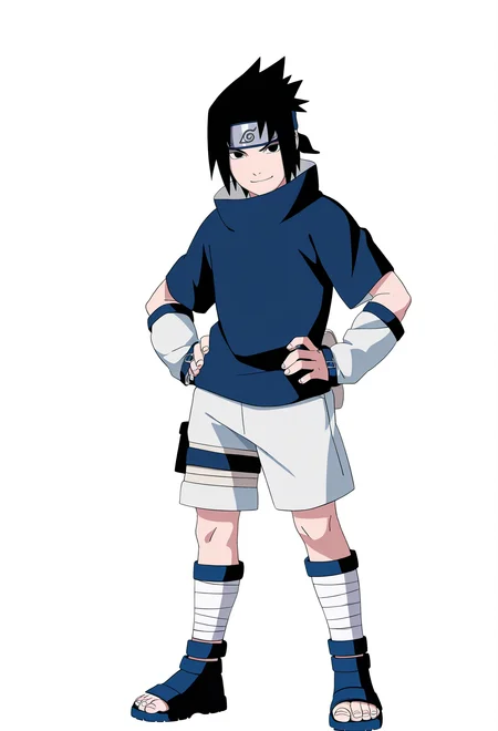 masterpiece, best quality, very aesthetic, absurdres,
1boy, uchiha sasuke, black hair, black eyes,
forehead protector, blue shirt, white shorts, sandals,
hands on hips, standing, full body,
smile, (solo:1.3), looking at viewer, simple background, white background,    <lora:SasukeGeninNoobXL_byKonan:1>