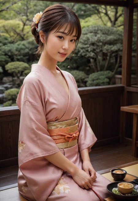 From frontal below :1.3,(dark background:1.3),(sitting behind wood table:1.631),(restaurant at ryokan:1.2),(Japanese tea cups and ((sukiyaki ))on table:1.63),((sukiyaki :1.5)),(beautiful real texture :1),smile face:1,(royal),10k,(real skin texture:1),high resolution,(one 32 years old elegant Japanese woman wearing in jyuban and colored long kimono:1.2), (looking at garden :1.4),exquisite face:1,(163cm tall:1),(fine wrinkle  :1.),(detailed innocent girls face:1.), NegfeetV2,(dazzling expression:1.4),(small single chignon:1), (only (one side )breast out:1.54)