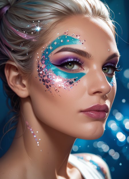 score_9, score_8_up, score_7_up, score_6_up, score_5_up,
woman, face, make-up, portrait, Glitterstyle, eyeshadow, facepaint,
abstract backgound, dynamic pose, masterpiece, best quality, sharp_details, game_cg
 <lora:GlitterStyle_pony:0.8>