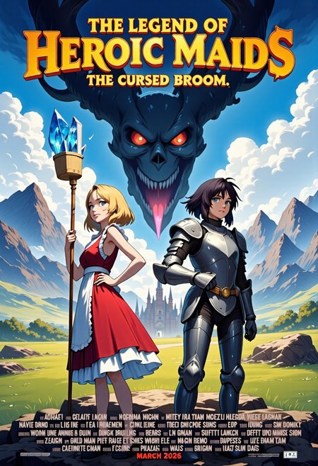 Concept:
A masterpiece high quality poster for an theatrical anime movie.
Style:
4k quality professional anime poster art with vivid vibrant colors, cel-shaded characters, perfect text title, mvpstrCE style, detail eyes, retro_anime.
Main Text:
The title of the movie is  ("THE LEGEND OF HEROIC MAIDS") written at the top in bold large fantasy font with golden trim, and an underline, there is a subtitle under it saying ("The Cursed Broom") in simple yellow fantasy font.
The Characters:
On the Right Side stands a regal blonde female knight in a fancy decorated full plate armor holding a metal broom with a blade at its tip, she is also wearing a long apron and frilly maid headdress on top of her armor, she is standing in sideview but looking at viewer, she has blue eyes.
On the Left Side stands a gorgeous brunette witch wearing a red frilly fancy sleeveless dress and she is holding a magical broom with blue magical crystal at its tip, she is wearing a fancy apron and frilly maid headdress on top of her dress, she is standing in sideview but looking at viewer, she has green eyes.
The Background: 
Vast grassy hills, mountains, epic castle in the distance, a silhouette of a giant evil broom towering over the landscape shrouded in mist infused with dark magic, majestic anime clouds frame scene.
Additional Text At Bottom of Poster:
At the bottom names of fake voice actors usually seen on anime posters, including a release date in ("March 2026") in a red font.