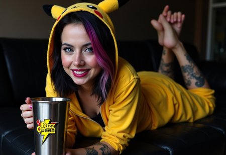 A high-definition photo of a beautiful 20yo goth girl, wearing Pikachu onesie, holding coffee mug. She is laying on a black leather couch, in a seductive relaxed pose, barefoot, smiling. The girl has black hair with pink and purple highlights, framing her beautiful face. Her stunning blue eyes are accentuated by her black eyeshadow. Her lipstick is black and metallic purple. She has visible, vivid, intricate tattoos. The large steel mug bares a yellow lightning bolt logo with 'Buzz Queen' in large letters. 8k detail, full body
