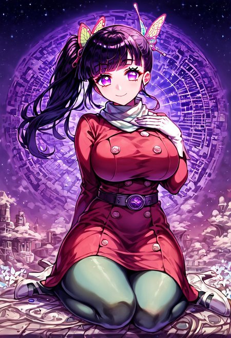 gorgeous lips, cinematic, (masterpiece), (best quality), (ultra-detailed), very aesthetic, perfect composition, intricate details, absurdres, detailed face, (anime, masterpiece, intricate:1.3), (best quality, hires textures, high detail:1.2), score_9, score_8_up, score_7_up, source_anime, 1girl, kanao tsuyuri, black hair, pink highlights, butterfly, butterfly hair ornament, purple eyes, long hair, side ponytail, ponytail, eyelashes, hair ornament, scarf, dress, red dress, long sleeves, buttons, gloves, white gloves, belt, pantyhose, green pantyhose, laced heels, white footwear, skirt, flower patterns, alternate_costume, enormous breasts, facial expression, kind, soft eyes, head tilt, slightly smiling, closed mouth, hand on breasts, goddess, planet size, giantess, growing even bigger, small planet, sitting on the floor, floating object, gradient eyes, beautiful detailed eyes, cityscape background, city, building, skyscrapers, surrounded by tall skyscrapers, holding planet, (masterpiece:1.4), (best quality:1.4), (ultra-detailed:1.2), gl0w, glow,
