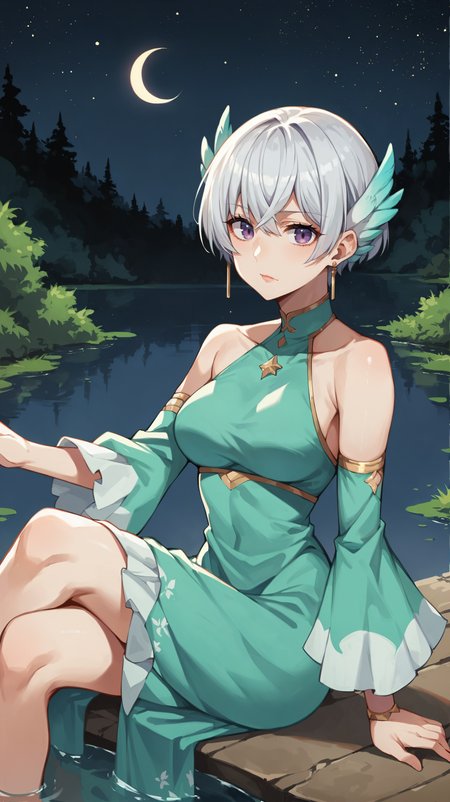 score_9,score_8_up,score_7_up,score_6_up, source_anime, zPDXL, <lora:xl_more_art-full_v1:0.5>, woman, dynamic pose, crossed legs,  <lora:Lily Front Gritonia - Pony-000004:0.8>, short hair, white hair, purple eyes, head wings, teal dress, halterneck, detached sleeves, outdoors, forest, lake, water reflections, moonlight, night, in water, stars,