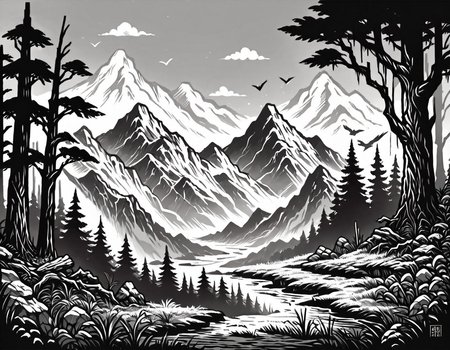 score_9, score_8_up, score_7_up, <lora:Clean Sketch (J) style:1> monochrome, forest with mountains and rivers