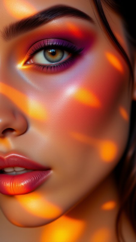 A close-up of a supermodel with makeup inspired by the colors of a sunset. Her eyeshadow is a gradient of orange, pink, and purple, blending seamlessly from her eyelids to the brow bone. A soft golden highlight on her cheeks and nose mimics the warm glow of the setting sun,<lora:BetterPortraits:0.7>, jedjv1,  <lora:JedJourney_epoch_7:0.3>