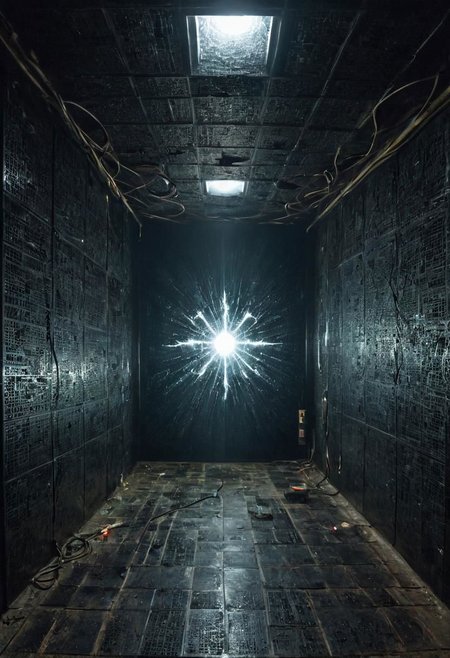 a dystopian matrix abyss by H.P. Lovecraft, a long floor into eternity, black reflecting tiles, dimmed lightning, vintage sci-fi led panels, electrical panels, neo pale man in the end of the floor, looking to viewer, tool band art