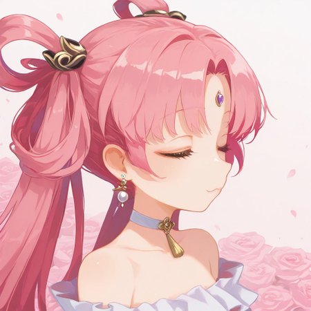 (fuxuan:1.1),(pink hair:1.3), long hair,(twintails:1.1),hair rings,hair ornament,forehead jewel,brown eyes,
(masterpiece, best quality), pink rose background, profile, close shot,  :3, white choker, (closed eyes:1.1),bare_shoulders, collarbone, earrings, jewelry, hair behind ear, facing_away, Simple background