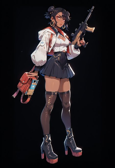 score_9, score_8_up, score_7_up,
<lora:VividCarnageV2:1> v1v1d,
1girl, solo, weapon, double bun, gun, hair bun, hood, skirt, thighhighs, earrings, jewelry, full body, black skirt, dark skin, thigh boots, dark-skinned female, red eyes, rifle, high heels, breasts, boots, standing, jacket, black hair, pleated skirt, looking at viewer, black thighhighs, zettai ryouiki, hood up, white jacket, puffy sleeves, high heel boots, assault rifle, hooded jacket, bag, submachine gun, cleavage cutout, miniskirt, clothing cutout, black background, hoop earrings, medium breasts, charm, (object)