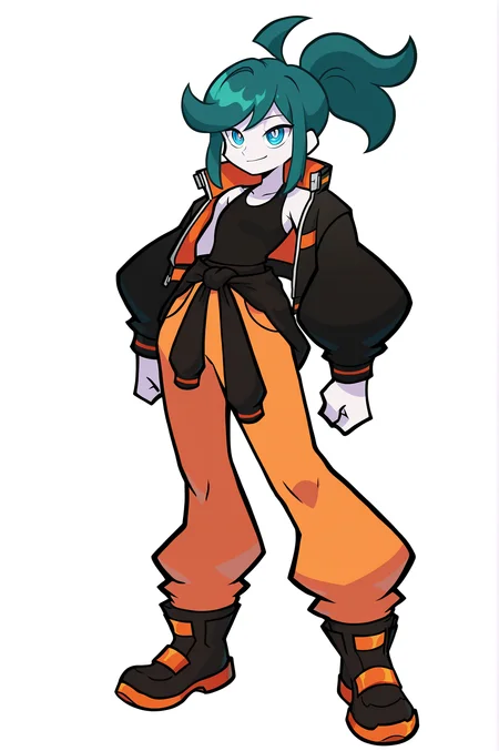 1girl, solo, dark teal hair, dark hair, colored skin, white skin, (reptile scale accents:0.7), medium hair, high ponytail, swept bangs, symmetrical sidelocks, ahoge, blue eyes,
([[medium]] small breasts, tall:1.2), light smile,
black tanktop, orange jumpsuit tied around waist, (cropped black jacket, black jacket:1.3), black boots, wearing cartoony clothing, futuristic clothing,
masterpiece, best quality, newest, absurdres, highres, sensitive, (yu gi o style:0.8), (panty and stocking style:0.8), (puyopuyo:1.2), (unknownspy:1.2), (hungry clicker:0.6) <lora:GGS:0.3> <lora:LennaILXL:1> LennaOC