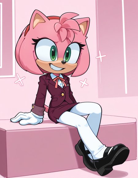 1girl, solo, full body, no humans,
<lora:Movie-Amy:1> movieamy, pink fur, green eyes, animal nose, body fur, hedgehog tail, petite, short legs, short hair, bob cut,
white gloves, <lora:KimKrab-IL:1.0> kimkrab,
receptionist outfit, button-up shirt, short blazer, skirt, white pantyhose, neck ribbon, sitting, back slightly reclined, cheerful grin, lively gaze, upbeat mood, extremely detailed, highres, masterpiece, best quality