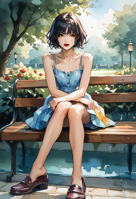 score_9, score_8_up,score_7_up, score_6_up, score_5_up, score_4_up, watercolor painting of
cute girl in yellow.sundress, black bangs, red lipstick, white skin
((Sitting on a bench in a park),
(Slender body smooth),ng_deepnegative_v1_75t, easynegative, negative_hand, ArsMJStyle, Watercolor, shoe dangle, loafers
