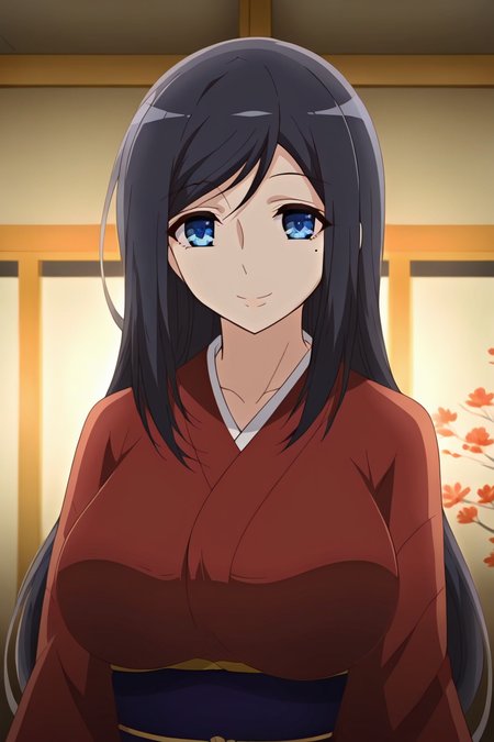 <lora:Jitaku_Keibiin_2:1>shiho,1girl,solo,long hair,black hair,blue eyes,mole under eye,large breasts,kimono,upper body,looking at viewer,smile,indoors