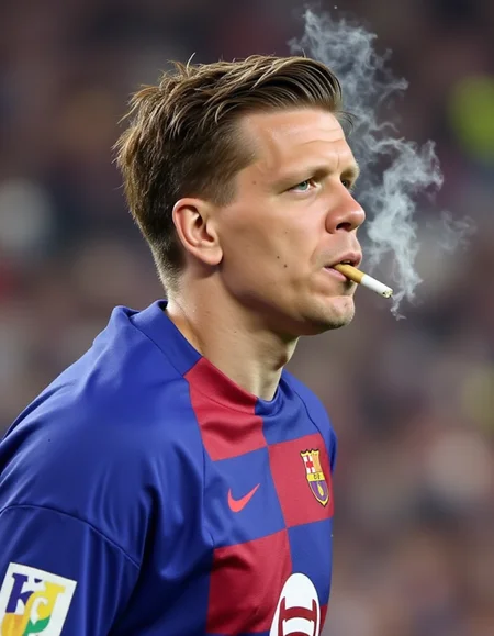 <lora:wojtek-szczesny-000004:1> wojtek szczesny in goal with a cigarette in his mouth, barcelona team