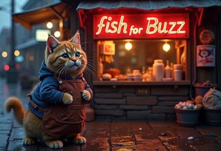 a realistic picture, , ((cute  orange cat wearing hoodie with apron  standing in front of his fish stall in fish market, on top of his street stall ,The neon signs glow warmly reads "fish for Buzz ", creating a nostalgic atmosphere (dynamic lighting:1,0),  background, rainy night ,(intricate details,naturalism,hyperdetailed,hyperrealistic:1.55)
 mvpstrCE style 
((((Display the text "BUY MY FISH PLEASEE.. " on a movie poster)))). no human