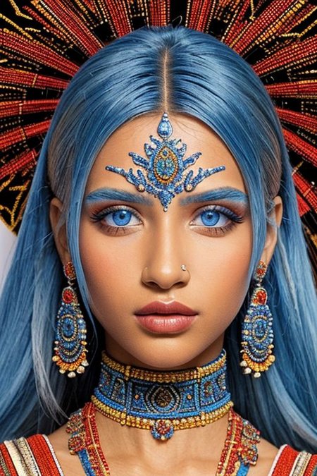 close-up photographic portrait of woman with strikingly vibrant blue-silver eyes. Supe shoulders showing. The face should, intricate, tribal-inspired art, patterns, reminiscent of beadwork and ceremonial embellishments, scheme, rich reds, oranges, blues --ar 2:3