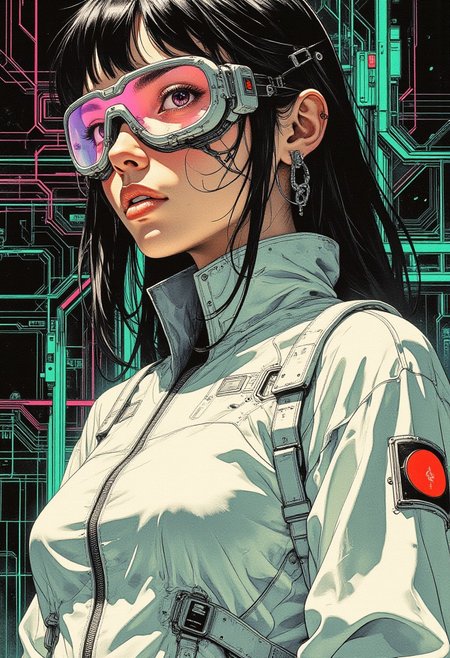 A highly detailed digital illustration of a striking cyberpunk woman. She has fair skin and an intense, futuristic presence, with straight, jet-black hair styled in a high bun, loose strands framing her face. She wears oversized, iridescent aviator goggles with a sleek, translucent sheen, reflecting the vibrant hues of the cybernetic world around her. Her attire is pure white—a high-collared, form-fitting jacket with intricate embossed detailing, layered with crisp white metallic chains and futuristic clasps. The fabric shimmers subtly, enhancing its ultra-modern aesthetic. The background is a deep, luxurious velvet shade, pulsating with glowing cyber-futuristic patterns—neon green fractal grids, electric blue circuitry veins, and chaotic magenta waveform distortions—forming an otherworldly digital tapestry. The luminous, toxic colors contrast dramatically against her pristine attire, heightening the fusion of elegance and high-tech rebellion. The illustration captures a perfect balance of anime-inspired cyberpunk aesthetics, with a focus on razor-sharp details, dynamic lighting, and a striking visual interplay between purity and chaos.