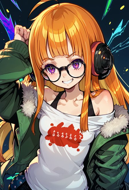 score_9, score_7_up, source_anime, BREAK   <lora:Gyokai:1> solo,  <lora:zs_FutabaXL:1> futabadef, orange hair, long hair, blunt bangs, glasses, ahoge, purple eyes, behind-the-head headphones, white shirt, green fur-trimmed jacket, off shoulder jacket, black shorts, black thighhighs, black knee boots, grin