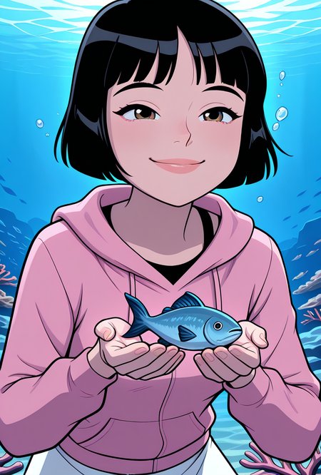 cartoon, screencap,  <lora:julieaf:1> julieaf, 1girl, short hair, black hair, lips, white skirt, pink hoodie long sleeves, hoodie over skirt , smile, expressive face, underwater, holding breath, crouching, fish, coral, sea weed, subanutica, masterpiece, best quality, amazing quality, very aesthetic, absurdres, newest,, upper body, halftone effect, white borders, abstract background:1.2,