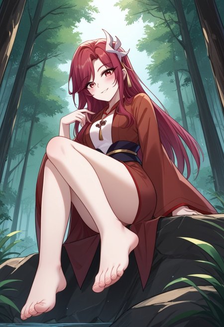 score_9, score_8_up, score_7_up, score_6_up, source_anime, Luo qingqing, Luo dress, red eyes, red hair, long hair, hair ornament, jewelry, wide sleeves, sash, sitting on rock, forest, foot, toes, focus foot, from below, foreshortending, sole, blush, seductive smile
