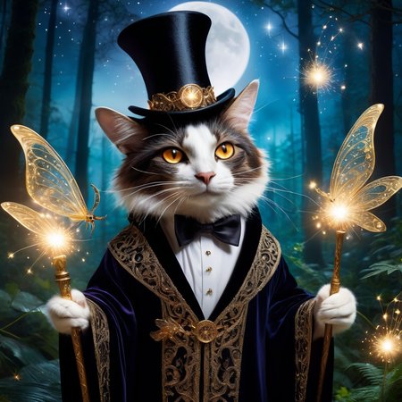 Fantasy Portrait photo of an Animal wearing a black top-hat and holding a black magic wand with a white tip is preforming magic tricks, their eyes ablaze with mystical sparks, surrounded by a menagerie of enchanted creatures, conjuring a cascade of sparkling stars with a wave of their paw, captured in a close-up shot, revealing intricate details of their ancient, ornate robes, within a moonlit forest glade where fireflies dance in the air, illuminated by soft, ethereal moonlight that enhances the magical atmosphere, shot from a low angle, emphasizing the magician's commanding presence, using a high-resolution camera to capture every intricate fur strand and glimmering particle, in the style of Aubrey L. Beardsley.