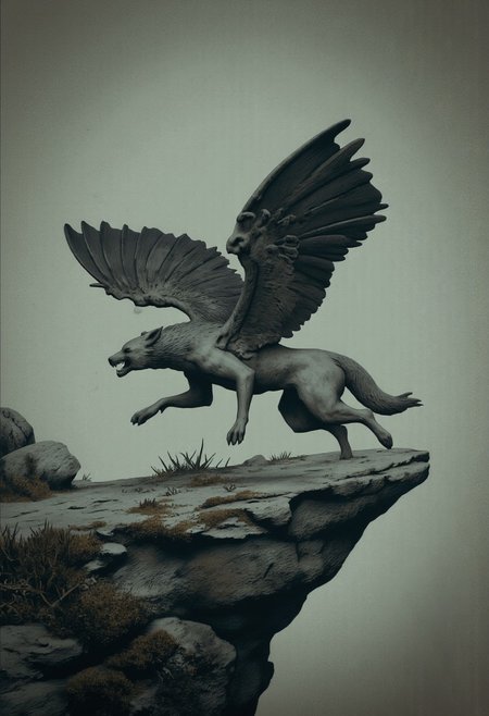 aidmaMJ6.1, Made out of paper, a PaperStyle , d4artstyle, d4concept, , d00mstyle, made of clay, ZBClay model of a gray sculpture
A fantastical creature resembling a winged canine, poised on the edge of a rocky outcrop. The creature has the body of a wolf, with a lean, muscular build covered in thick fur, and powerful legs ending in sharp claws. Its head features lupine characteristics, with a snarling expression and exposed fangs. Large, dark feathered wings extend from its back, giving the impression of a fierce aerial predator. The tail is bushy, adding to its wild appearance. The rocky perch beneath the creature is rugged and covered with patches of moss and small, thorny plants, emphasizing the creature's readiness to take flight. The scene combines elements of fantasy and the natural world, with a focus on the creature's dynamic pose and fierce nature.
Background solid color with a faded dimly lit, fog-covered darkness tone that emphasizes its silhouette. 
 The medium is not a traditional painting or illustrative medium like watercolor or ink but rather a digital rendering, eerie and unsettling.