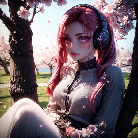 (3d render:1.5),   <lora:G_G2.0:1> Goth girl, Goth girl 1girl, <lora:backlight_slider_v10:-1> <lora:add_detail:0.6>
a serene scene of a woman sitting on a tree branch surrounded by blooming cherry blossoms, wearing headphones, listening to music, soft sunlight filtering through the pink petals, gentle breeze, realistic details, high-definition, intricate fabric textures, flowing hair, serene expression, glowing soft light, dynamic lighting, vibrant colors, romantic atmosphere, delicate butterflies, ultra-detailed, cinematic composition, gentle shadows, ethereal and peaceful, warm pastel tones