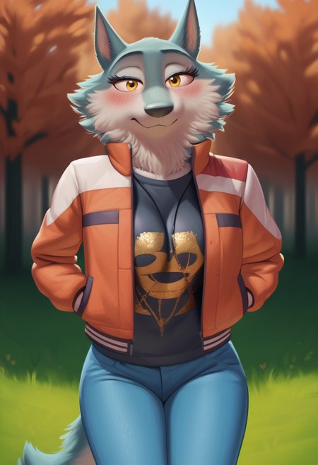 zPDXL, score_9,score_8_up,score_7_up,_up,source_cartoon, best quality, amazing quality, masterpiece, 1girl, looking at viewer, solo, fullbody, cute, blush, porsha, <lora:Porsha:0.8>, animal ears, yellow eyes, white fur, wolf girl, wolf ears, wolf tail, jeans, black shirt, lather jacket, orange sky, forest, autumn, contour_deepening,depth of field, huge filesize,wallpaper,background,(flat color),large breasts, blurry background, huge breasts, meesh, <lora:Meesh:1>