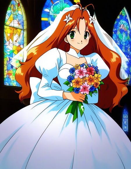 score_9, score_8_up, score_7_up, source_anime, rating_explicit, BREAK <lora:Tanima_Yuri_XL:1>Tanima_Yuri, 1girl, solo, long hair, brown hair, green eyes, antenna hair, breasts, 1990s (style), anime coloring, smile,
 solo, flower, wedding dress, church, flower, bouquet, church, Stained glass,holylight,
hair flower, hair ornament, smile, puffy sleeves, long sleeves, light blue dress, wedding dress, juliet sleeves, bridal veil, bow,