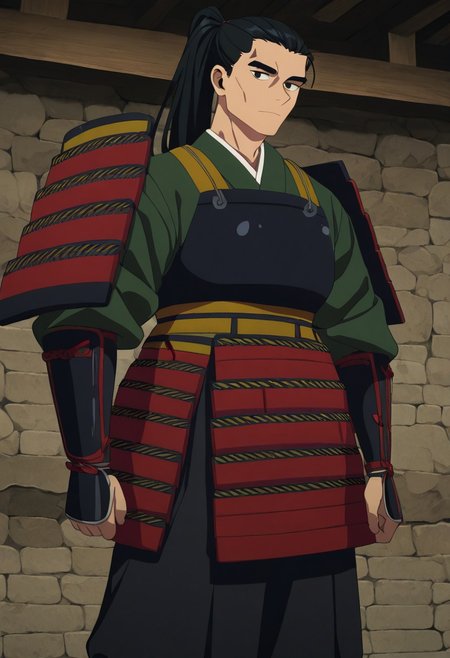 masterpiece, best quality, newest, absurdres, highres, 
DMStyle-DmpackV1.0, official style,
DMPACK-1-Shuro, asian, asian male, ponytail, armor, japanese armor, japanese clothes, armor, samurai,