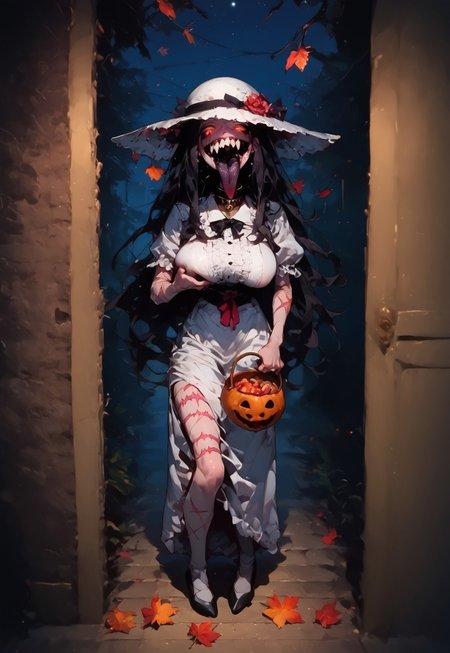 safe_pos, score_9, score_up_8, masterpiece, best quality, explicit, 
hasshaku-sama, mature woman, large woman, tall woman, sagging breast, enormous breast, long hair, black hair, horror (theme), collar bone, bony body, skinny, anorexic, fall season, trees, red yellow and orange leaves, falling leaves, night,  Expressiveh,  
 teeth, tongue, open mouth, horror, blood, (((stiches, scars))), black tongue, very long tongue, black tears, full body, tr1ck0rtr3at, holding, halloween bucket, doorway, street background, white bloodstained dress, white sunhat, covered breasts
