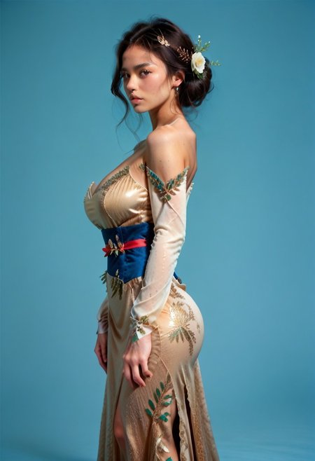 score_9, score_8_up, score_7_up,
JDMAI_ARIEL_SARI, JDMAI_KEBAYA, pureerosface_v1, tight long kebaya dress, long sleeves, deep neckline, bare shoulders, flower hairpin, decorated sash, brocade decoration, sequin decoration, 
(dynamic lighting), (dynamic shadow), 4k, HD, Hi res, cinematic masterpiece, photographic masterpiece, 
contrapposto pose, upper body, side view, 
beautiful make-up, glossy lips, 40GG cup Breasts, massive breasts size, natural breasts shape, narrow waist, wide hips, round ass, thick thighs, thigh gap, barefoot, 
(simple turquoise background), (blurry background), (sharp focus on object),
